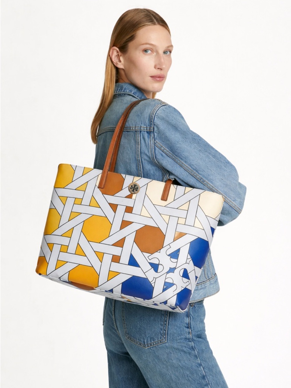 TORY BURCH NYLON PRINTED TOTE BAG - BLUE BASKETWEAVE